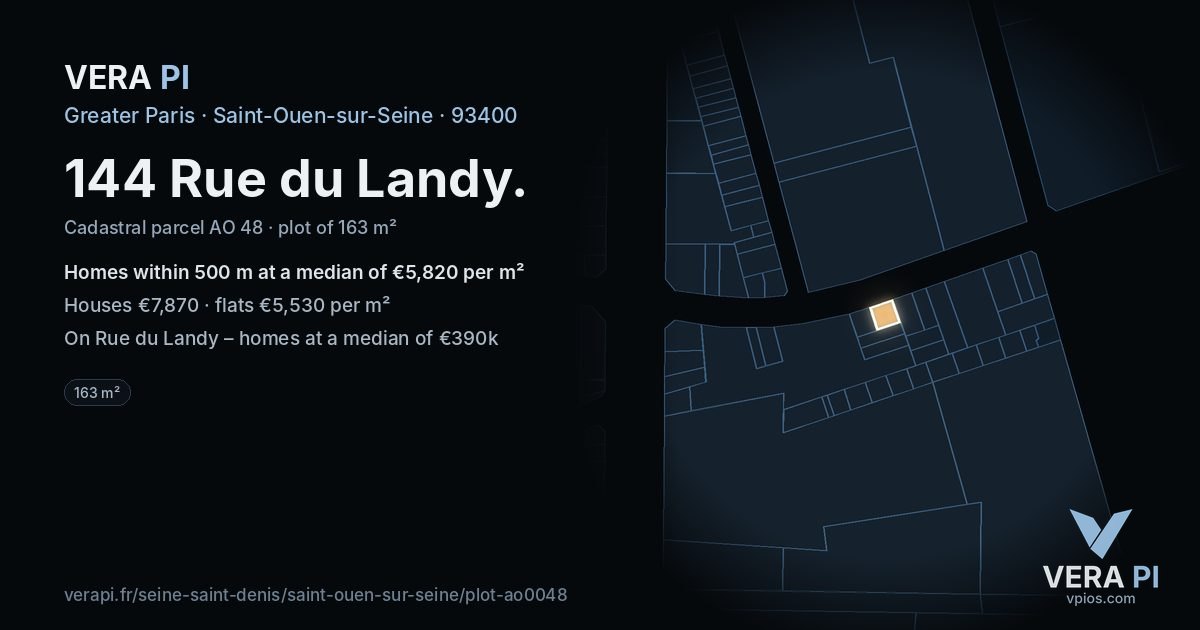 144 Rue du Landy, Saint-Ouen-sur-Seine at night – the plot lit, the parcels around coloured by the prices near them