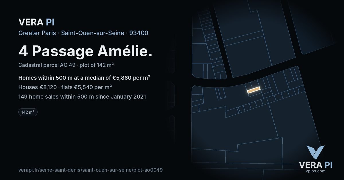 4 Passage Amélie, Saint-Ouen-sur-Seine at night – the plot lit, the parcels around coloured by the prices near them