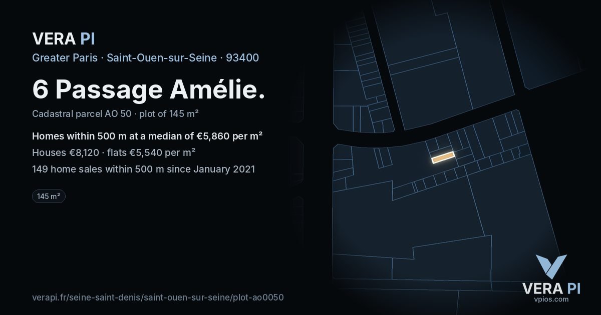 6 Passage Amélie, Saint-Ouen-sur-Seine at night – the plot lit, the parcels around coloured by the prices near them
