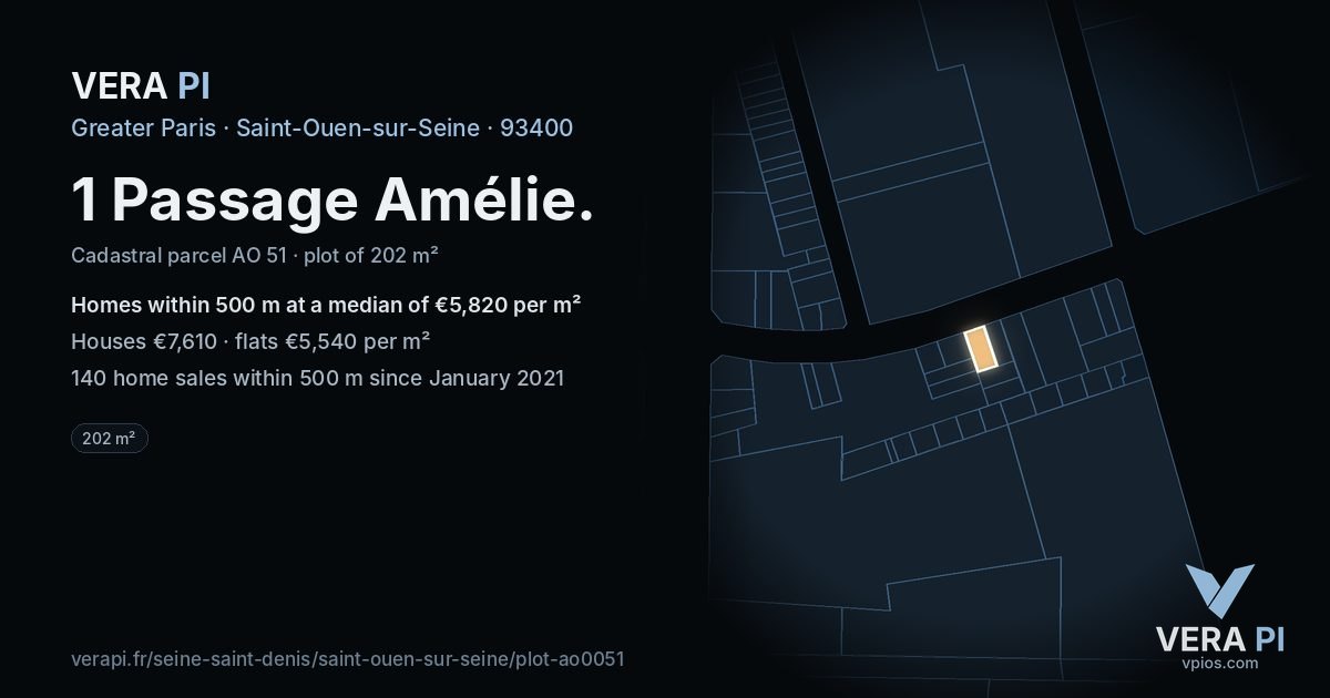 1 Passage Amélie, Saint-Ouen-sur-Seine at night – the plot lit, the parcels around coloured by the prices near them