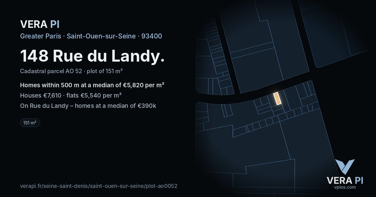 148 Rue du Landy, Saint-Ouen-sur-Seine at night – the plot lit, the parcels around coloured by the prices near them