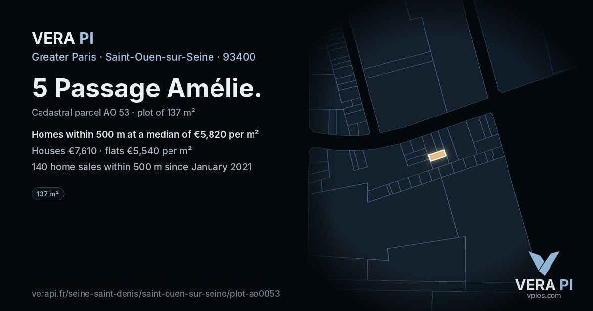 5 Passage Amélie, Saint-Ouen-sur-Seine at night – the plot lit, the parcels around coloured by the prices near them