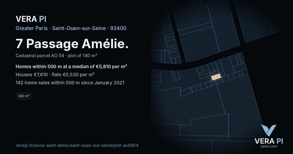 7 Passage Amélie, Saint-Ouen-sur-Seine at night – the plot lit, the parcels around coloured by the prices near them