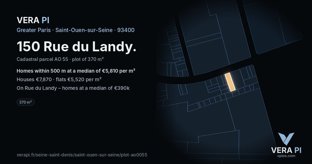 150 Rue du Landy, Saint-Ouen-sur-Seine at night – the plot lit, the parcels around coloured by the prices near them