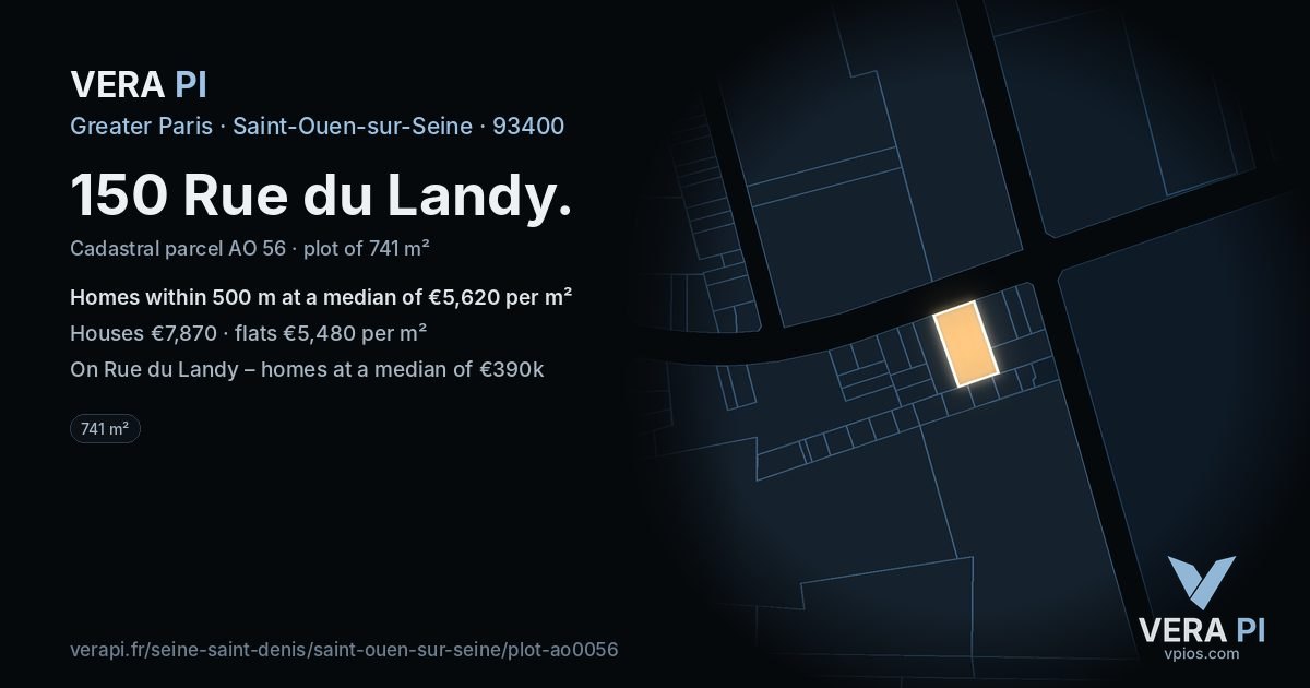 150 Rue du Landy, Saint-Ouen-sur-Seine at night – the plot lit, the parcels around coloured by the prices near them