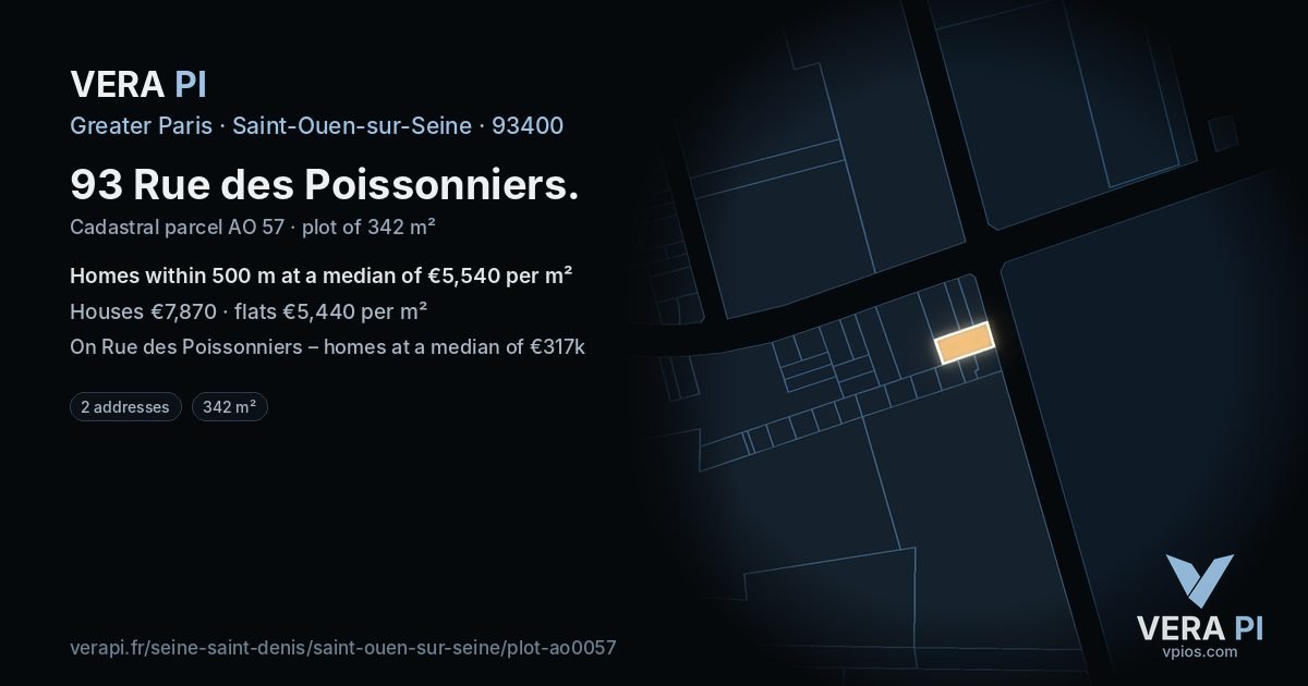 93 Rue des Poissonniers, Saint-Ouen-sur-Seine at night – the plot lit, the parcels around coloured by the prices near them
