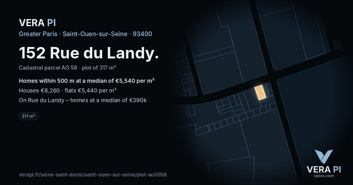 152 Rue du Landy, Saint-Ouen-sur-Seine at night – the plot lit, the parcels around coloured by the prices near them