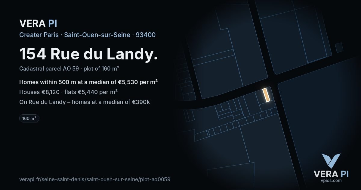 154 Rue du Landy, Saint-Ouen-sur-Seine at night – the plot lit, the parcels around coloured by the prices near them