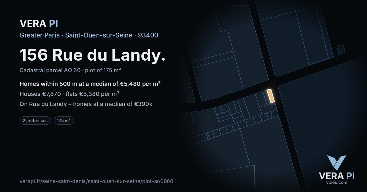 156 Rue du Landy, Saint-Ouen-sur-Seine at night – the plot lit, the parcels around coloured by the prices near them