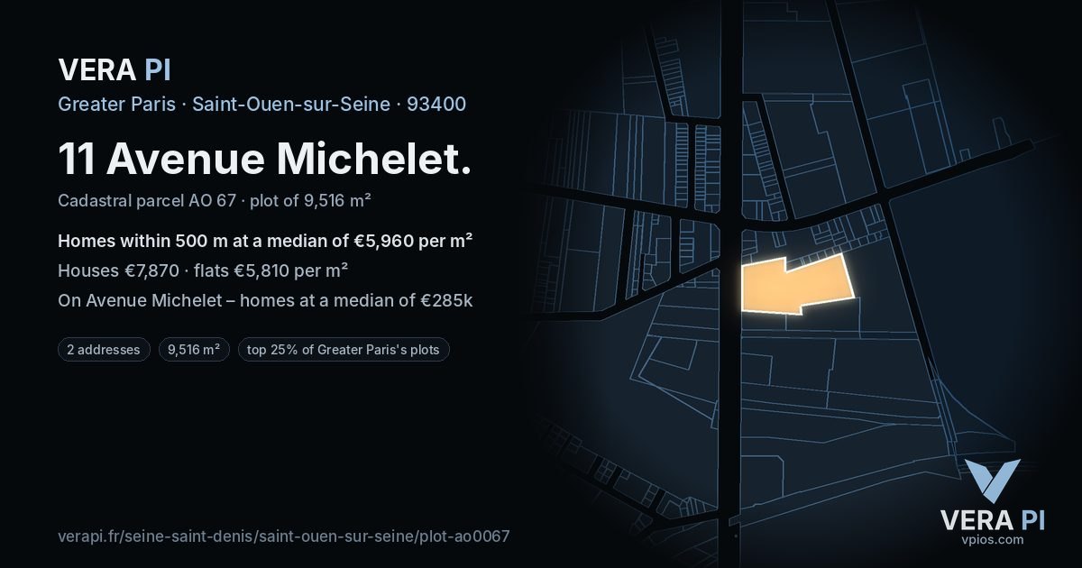 11 Avenue Michelet, Saint-Ouen-sur-Seine at night – the plot lit, the parcels around coloured by the prices near them