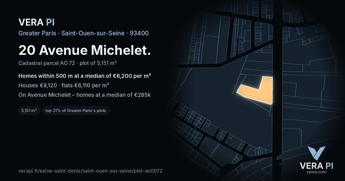 20 Avenue Michelet, Saint-Ouen-sur-Seine at night – the plot lit, the parcels around coloured by the prices near them