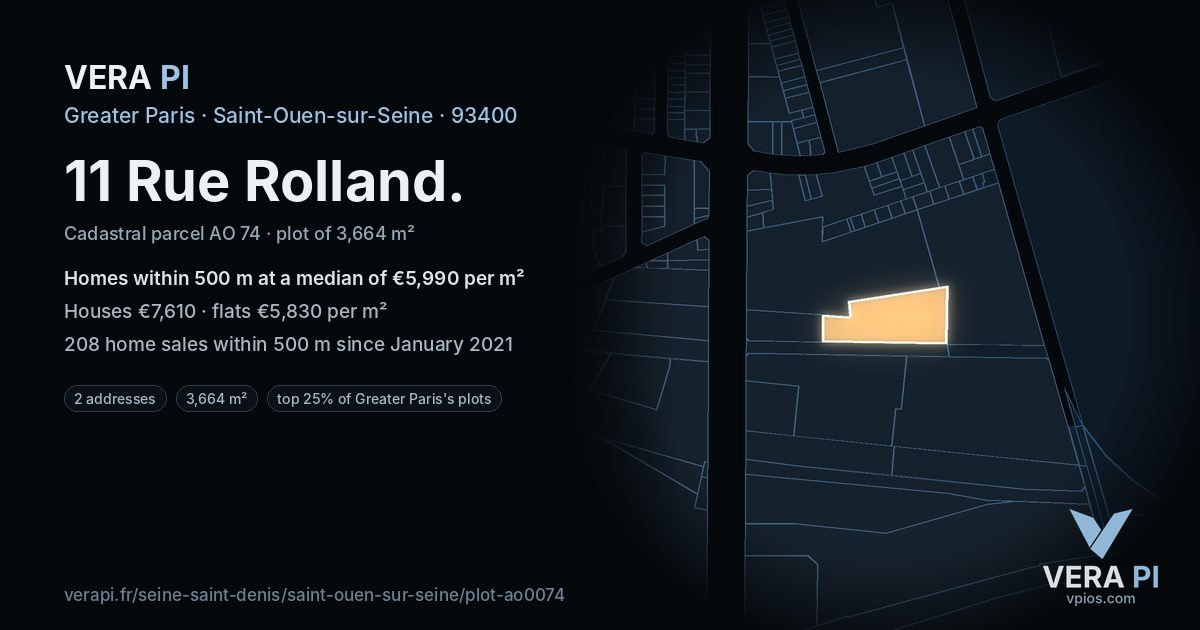 11 Rue Rolland, Saint-Ouen-sur-Seine at night – the plot lit, the parcels around coloured by the prices near them