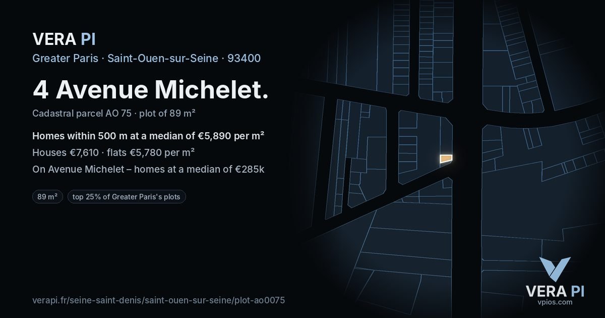 4 Avenue Michelet, Saint-Ouen-sur-Seine at night – the plot lit, the parcels around coloured by the prices near them