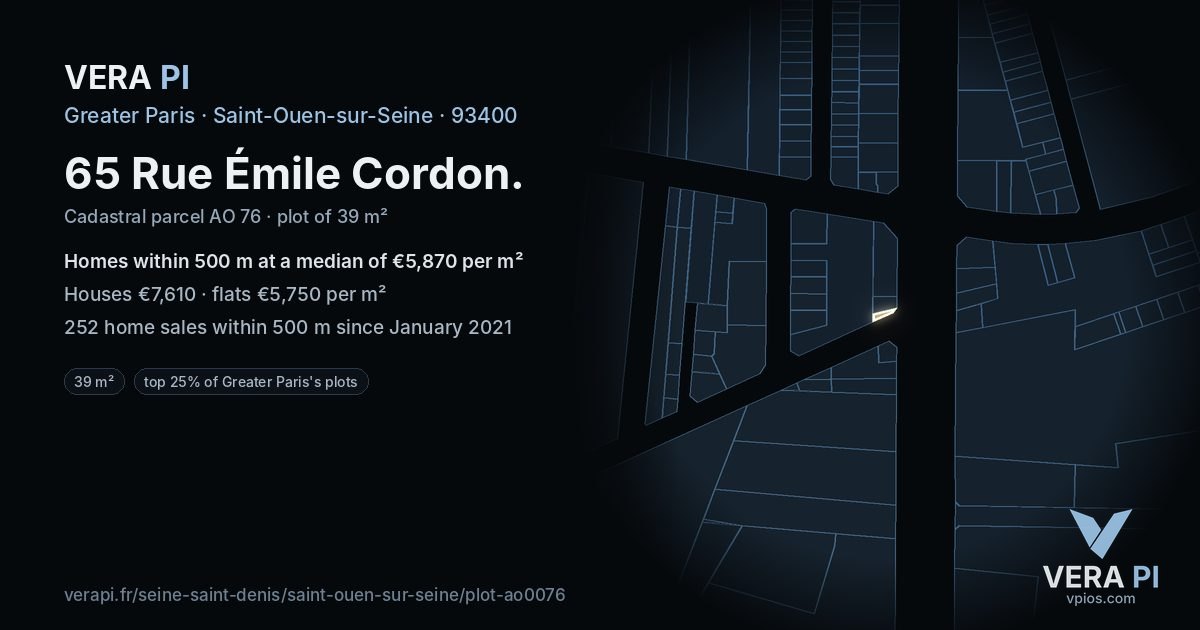 65 Rue Émile Cordon, Saint-Ouen-sur-Seine at night – the plot lit, the parcels around coloured by the prices near them