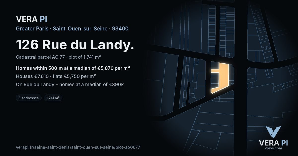 126 Rue du Landy, Saint-Ouen-sur-Seine at night – the plot lit, the parcels around coloured by the prices near them