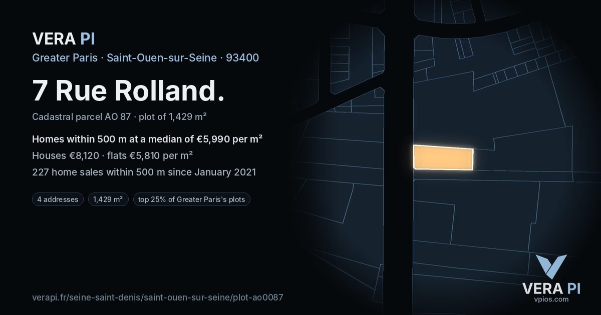 7 Rue Rolland, Saint-Ouen-sur-Seine at night – the plot lit, the parcels around coloured by the prices near them