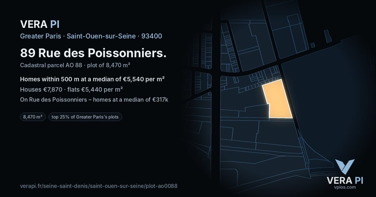 89 Rue des Poissonniers, Saint-Ouen-sur-Seine at night – the plot lit, the parcels around coloured by the prices near them