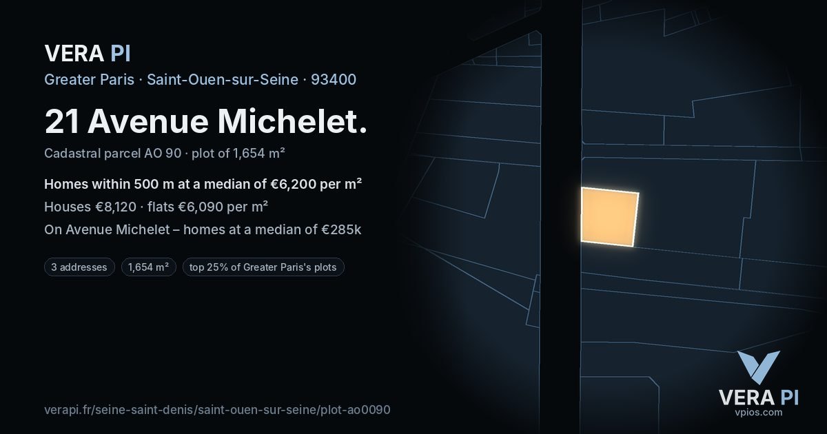 21 Avenue Michelet, Saint-Ouen-sur-Seine at night – the plot lit, the parcels around coloured by the prices near them