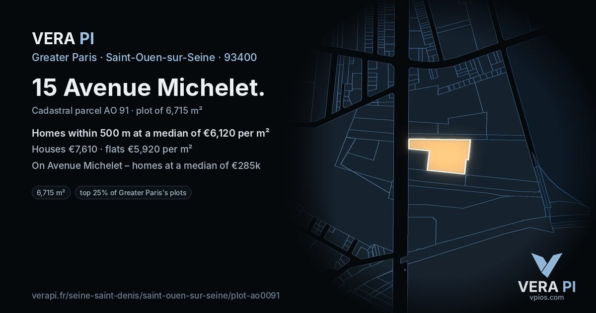 15 Avenue Michelet, Saint-Ouen-sur-Seine at night – the plot lit, the parcels around coloured by the prices near them