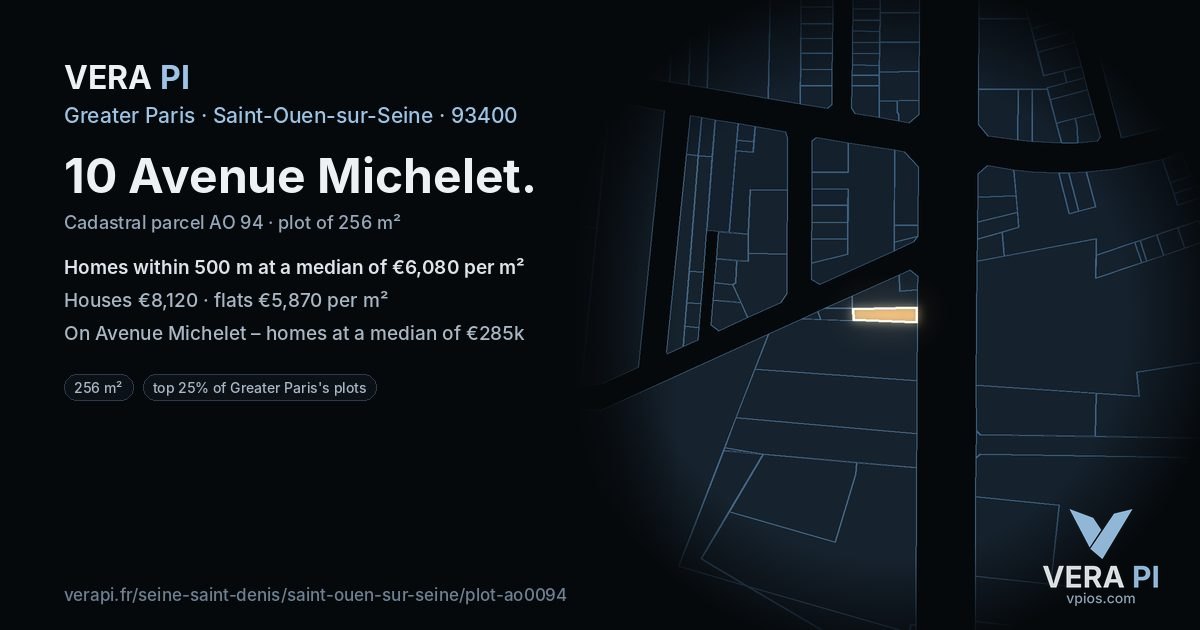 10 Avenue Michelet, Saint-Ouen-sur-Seine at night – the plot lit, the parcels around coloured by the prices near them