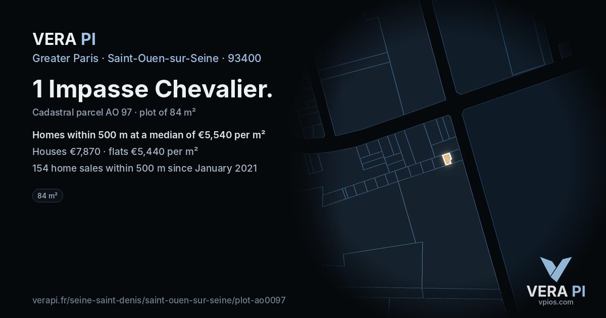 1 Impasse Chevalier, Saint-Ouen-sur-Seine at night – the plot lit, the parcels around coloured by the prices near them