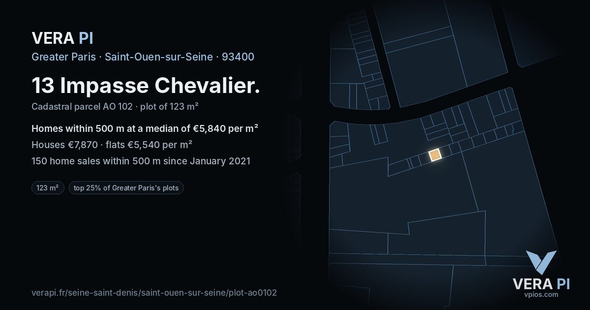 13 Impasse Chevalier, Saint-Ouen-sur-Seine at night – the plot lit, the parcels around coloured by the prices near them