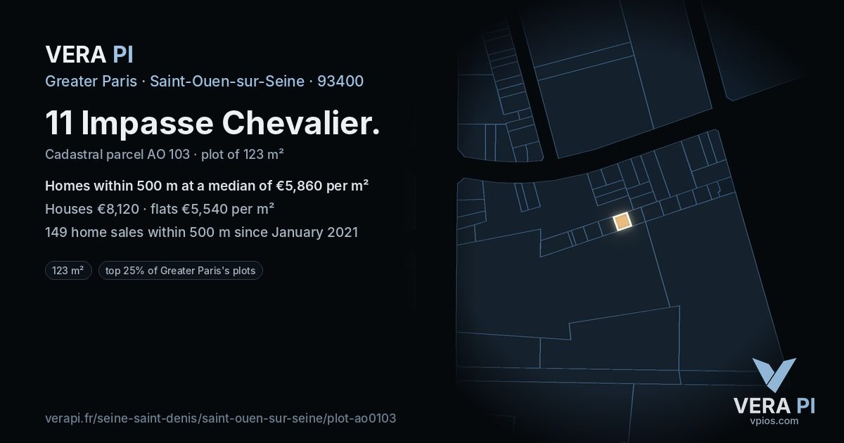 11 Impasse Chevalier, Saint-Ouen-sur-Seine at night – the plot lit, the parcels around coloured by the prices near them