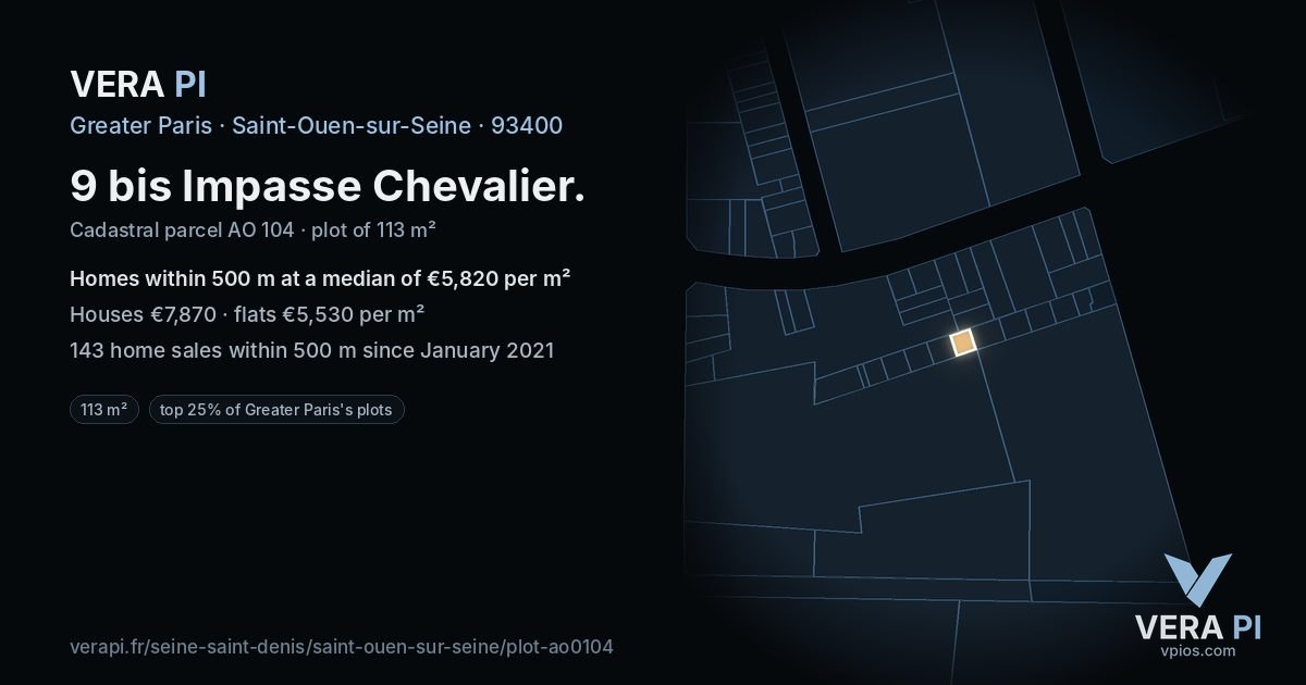 9 bis Impasse Chevalier, Saint-Ouen-sur-Seine at night – the plot lit, the parcels around coloured by the prices near them