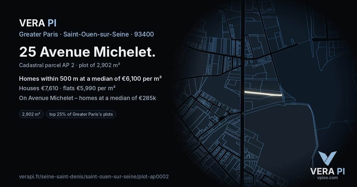 25 Avenue Michelet, Saint-Ouen-sur-Seine at night – the plot lit, the parcels around coloured by the prices near them