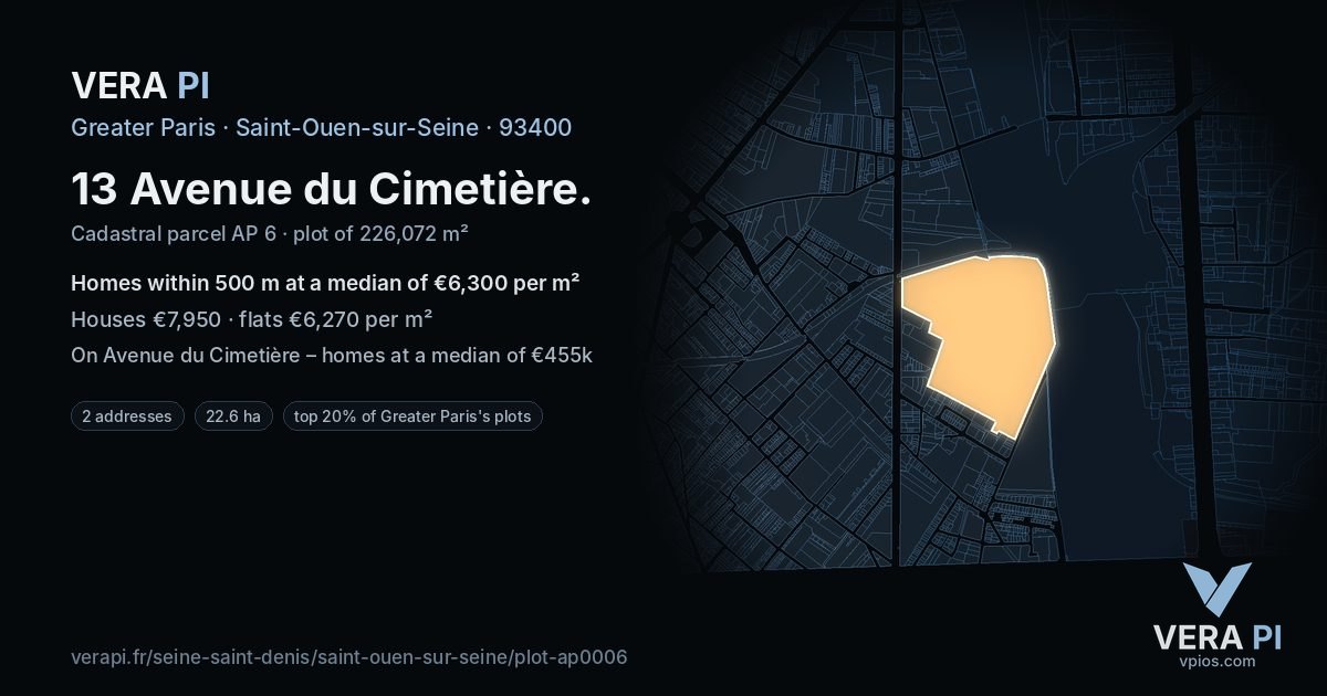 13 Avenue du Cimetière, Saint-Ouen-sur-Seine at night – the plot lit, the parcels around coloured by the prices near them