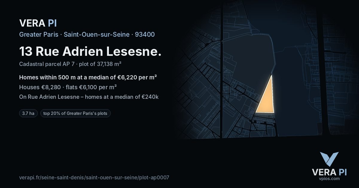 13 Rue Adrien Lesesne, Saint-Ouen-sur-Seine at night – the plot lit, the parcels around coloured by the prices near them