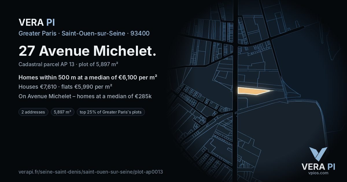 27 Avenue Michelet, Saint-Ouen-sur-Seine at night – the plot lit, the parcels around coloured by the prices near them