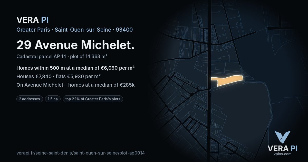 29 Avenue Michelet, Saint-Ouen-sur-Seine at night – the plot lit, the parcels around coloured by the prices near them