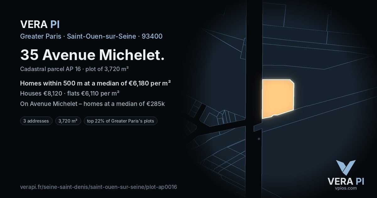 35 Avenue Michelet, Saint-Ouen-sur-Seine at night – the plot lit, the parcels around coloured by the prices near them