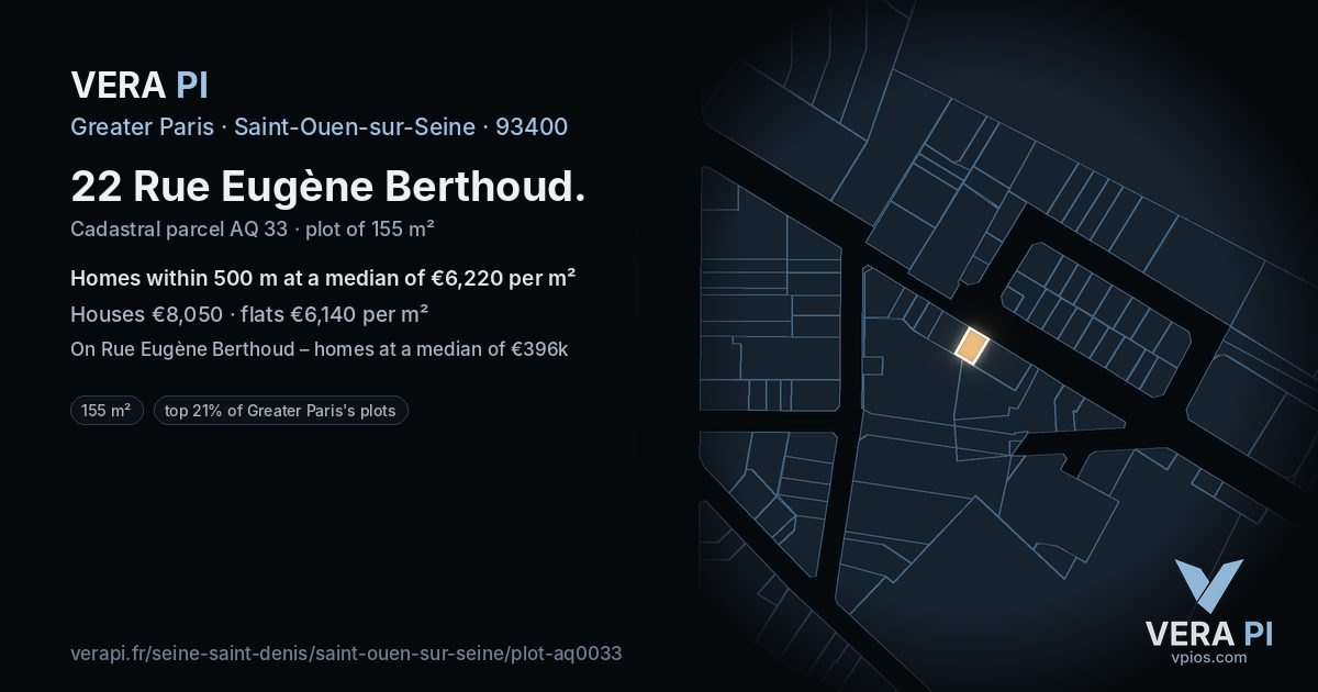 22 Rue Eugène Berthoud, Saint-Ouen-sur-Seine at night – the plot lit, the parcels around coloured by the prices near them