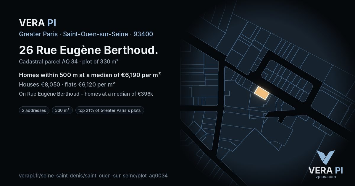 26 Rue Eugène Berthoud, Saint-Ouen-sur-Seine at night – the plot lit, the parcels around coloured by the prices near them