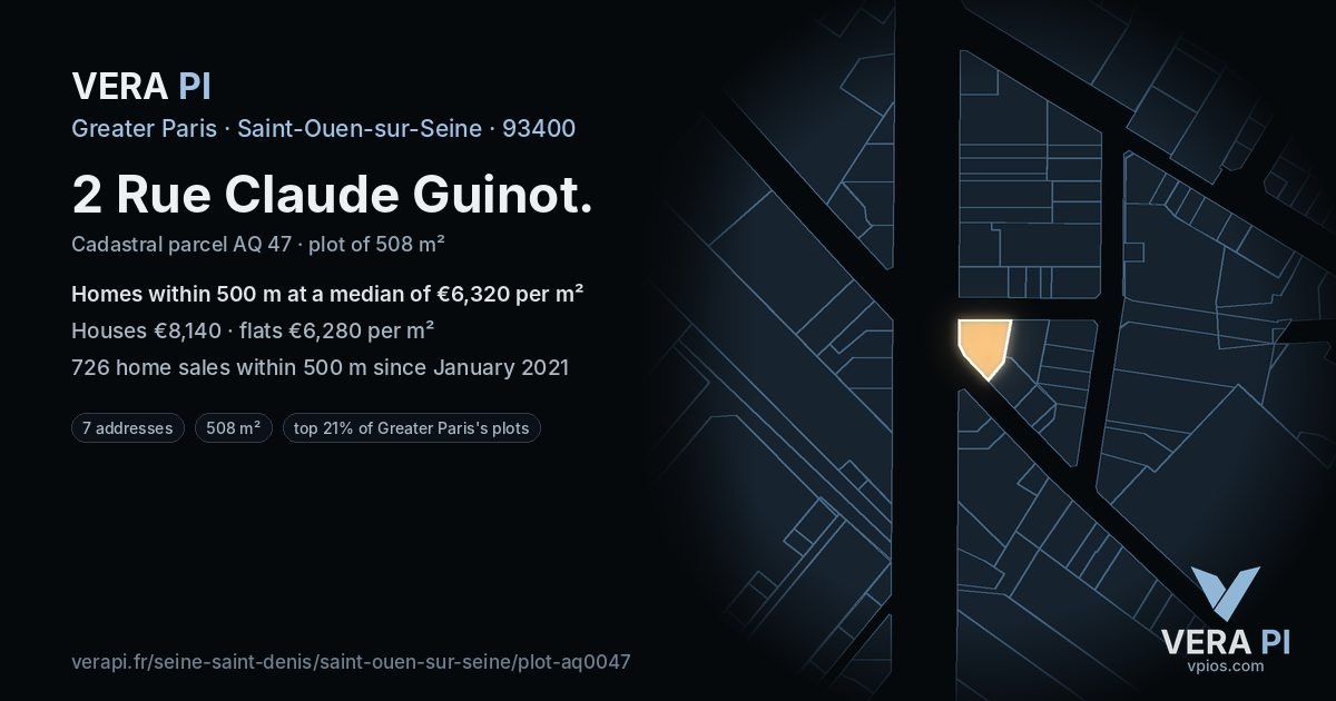 2 Rue Claude Guinot, Saint-Ouen-sur-Seine at night – the plot lit, the parcels around coloured by the prices near them