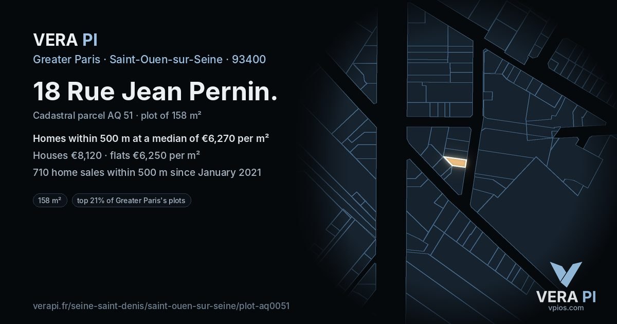 18 Rue Jean Pernin, Saint-Ouen-sur-Seine at night – the plot lit, the parcels around coloured by the prices near them