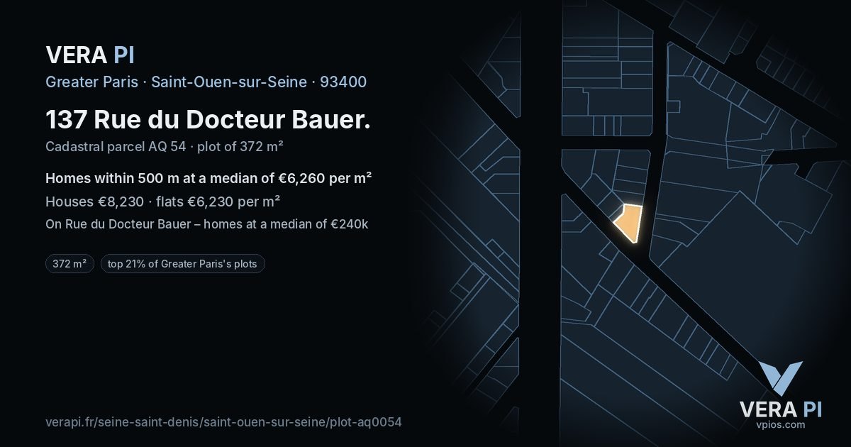 137 Rue du Docteur Bauer, Saint-Ouen-sur-Seine at night – the plot lit, the parcels around coloured by the prices near them