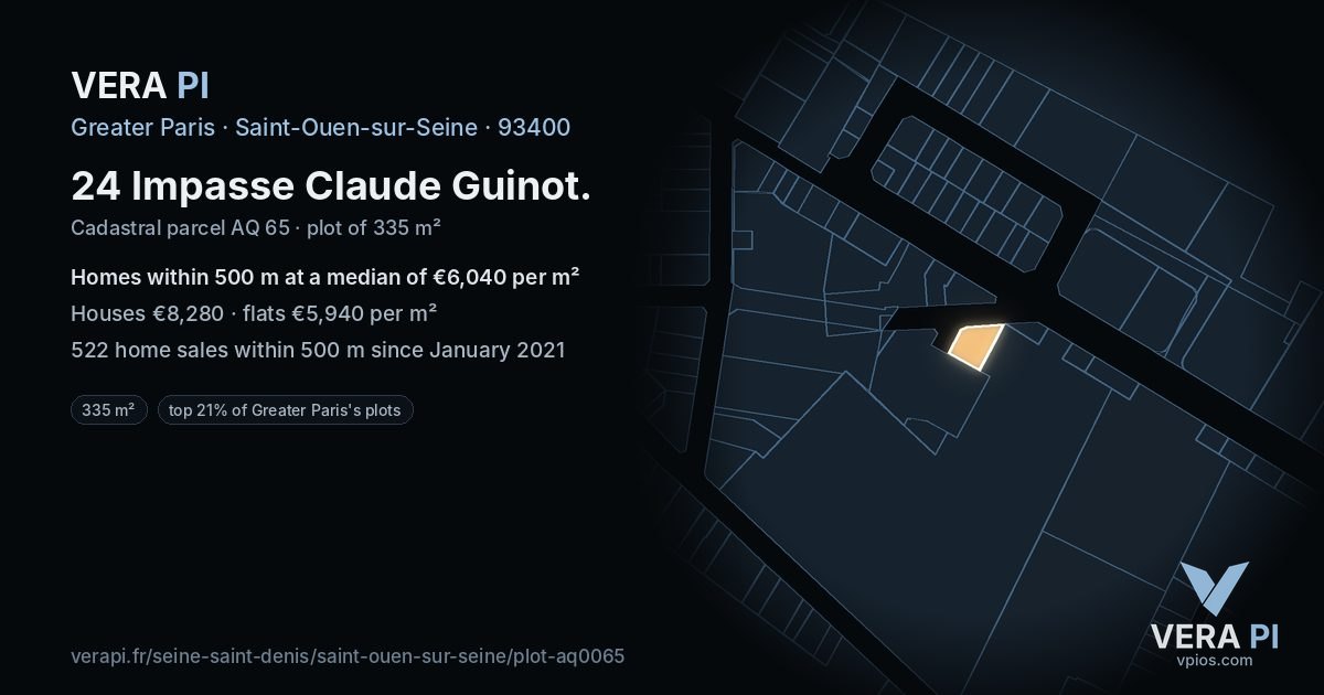 24 Impasse Claude Guinot, Saint-Ouen-sur-Seine at night – the plot lit, the parcels around coloured by the prices near them
