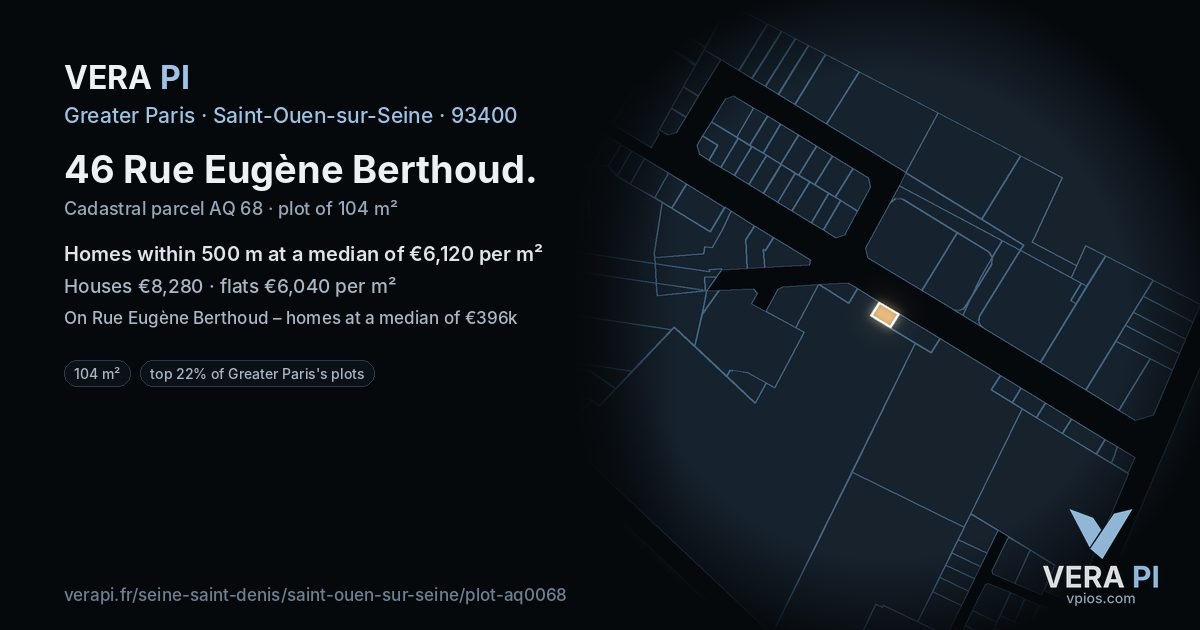 46 Rue Eugène Berthoud, Saint-Ouen-sur-Seine at night – the plot lit, the parcels around coloured by the prices near them