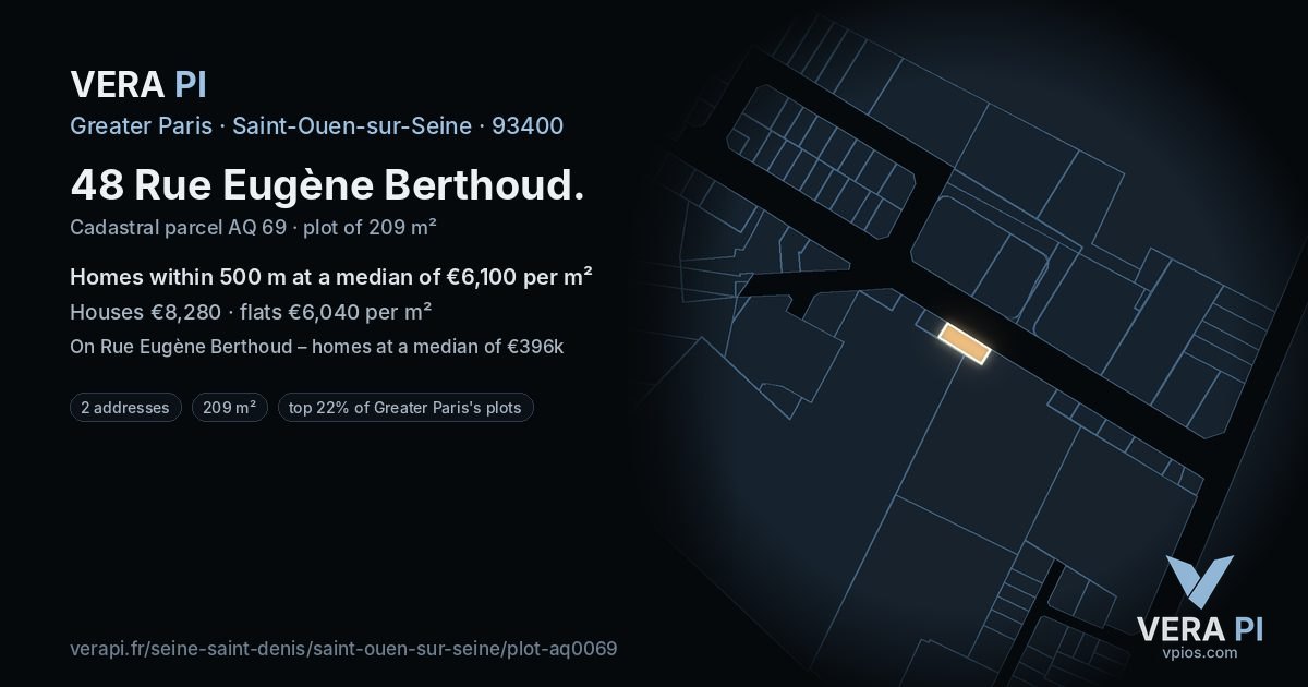 48 Rue Eugène Berthoud, Saint-Ouen-sur-Seine at night – the plot lit, the parcels around coloured by the prices near them