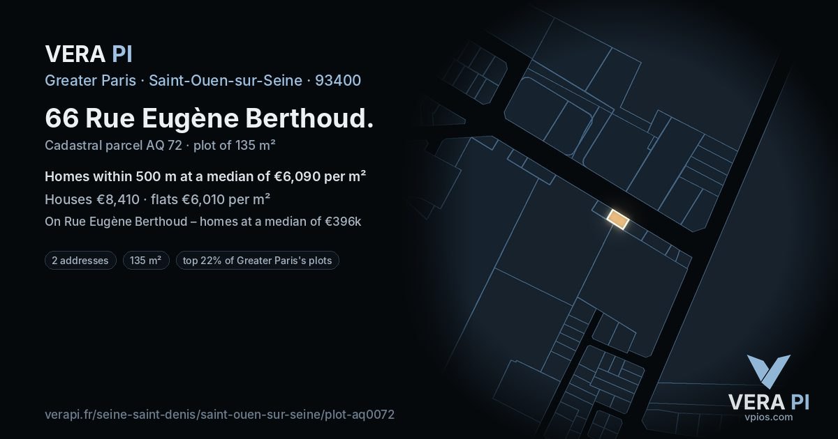 66 Rue Eugène Berthoud, Saint-Ouen-sur-Seine at night – the plot lit, the parcels around coloured by the prices near them