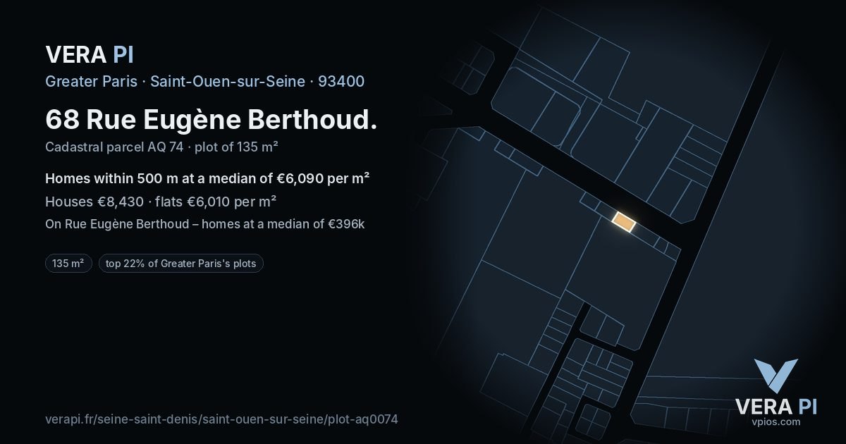 68 Rue Eugène Berthoud, Saint-Ouen-sur-Seine at night – the plot lit, the parcels around coloured by the prices near them
