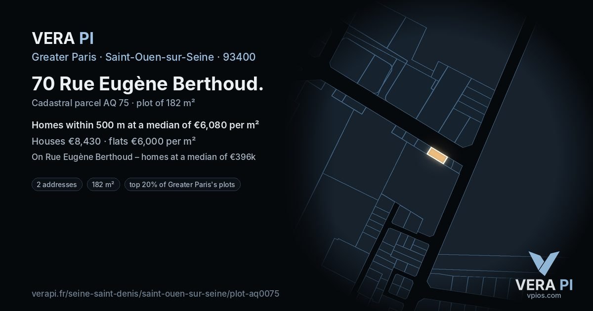 70 Rue Eugène Berthoud, Saint-Ouen-sur-Seine at night – the plot lit, the parcels around coloured by the prices near them