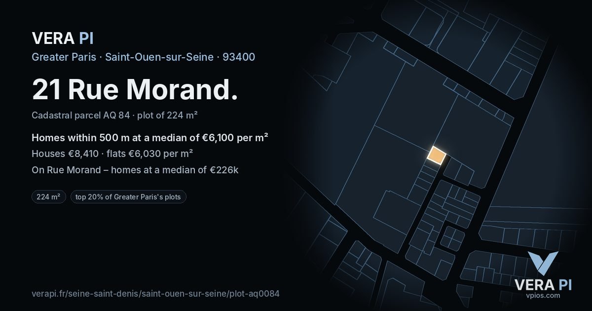 21 Rue Morand, Saint-Ouen-sur-Seine at night – the plot lit, the parcels around coloured by the prices near them