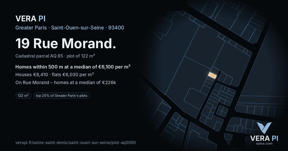 19 Rue Morand, Saint-Ouen-sur-Seine at night – the plot lit, the parcels around coloured by the prices near them
