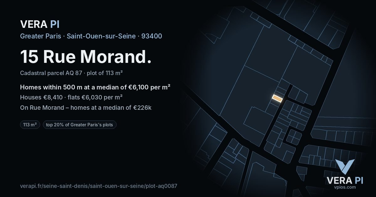15 Rue Morand, Saint-Ouen-sur-Seine at night – the plot lit, the parcels around coloured by the prices near them