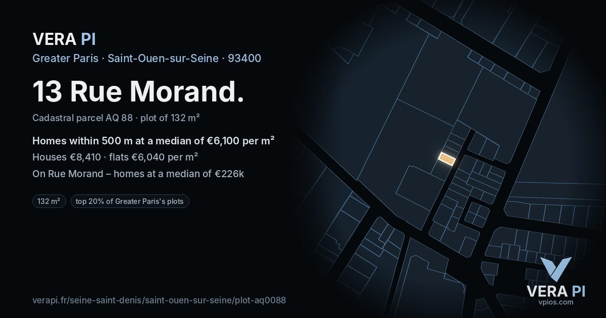 13 Rue Morand, Saint-Ouen-sur-Seine at night – the plot lit, the parcels around coloured by the prices near them
