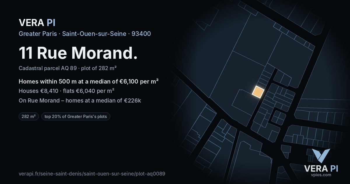 11 Rue Morand, Saint-Ouen-sur-Seine at night – the plot lit, the parcels around coloured by the prices near them